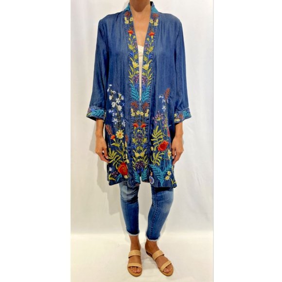 Johnny Was Kimono Long Provence Coat Denim Blue Embroidery Jacket Floral NEW - Picture 8 of 8
